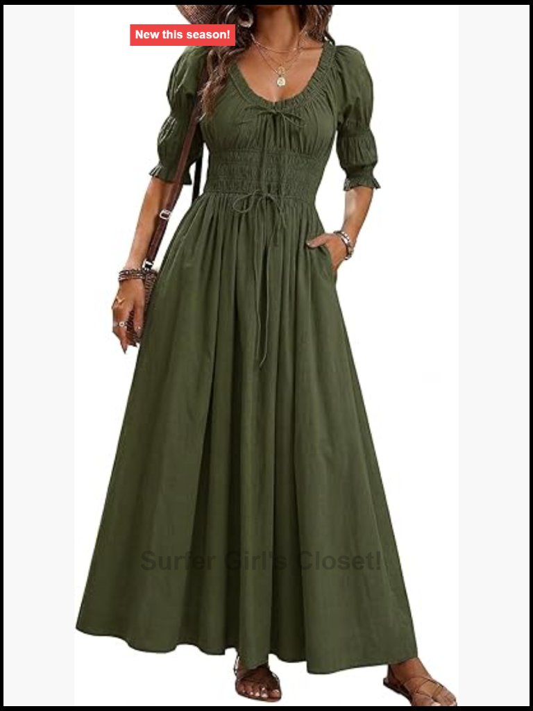 Puff Sleeve Maxi Dress Scoop Neck Smocked Tie Ruffle A Line Long Flowy Beach